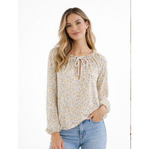 Billabong Floral Peasant Blouse Boho Tie Neck Top Cream Yellow Women’s M